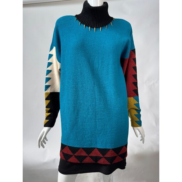 Vintage Steve Fabrikant Neiman Marcus Wool & Rayon Medium Sweater Dress With Geo - Picture 7 of 16